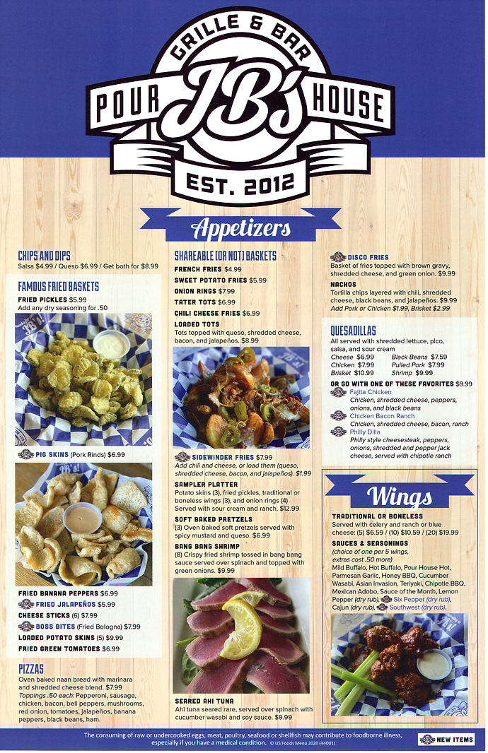 Menu JB's Pour House